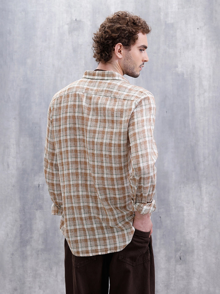 Checked Linen Blend Shirt  | Khaki