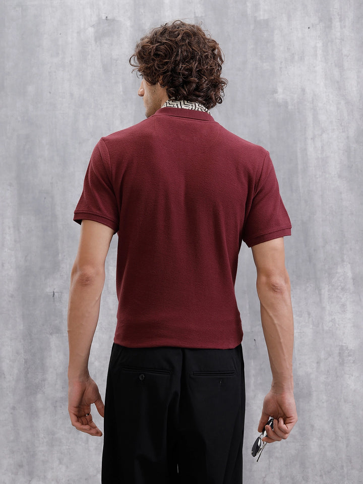 Solid Crinkle Texture Polo T-Shirt | Maroon