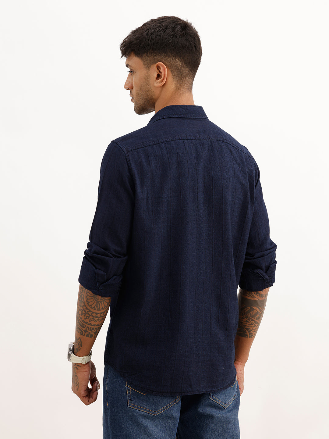 Textured Slim Fit Full Sleeve T-Shirt | Navy Blue