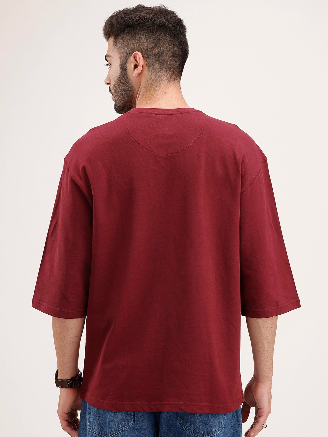 Solid Oversized 3/4 Sleeve T-Shirt | Maroon