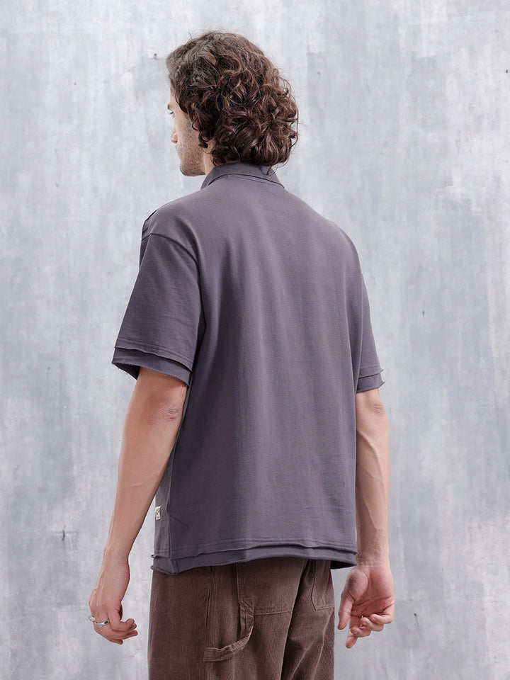 Men Oversized Fit Casual Johnny Collar T-shirt | Dark Grey
