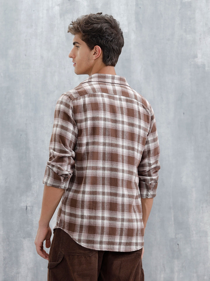 Men's Casual Checkered Pattern Double Pocket Shirt | Brown