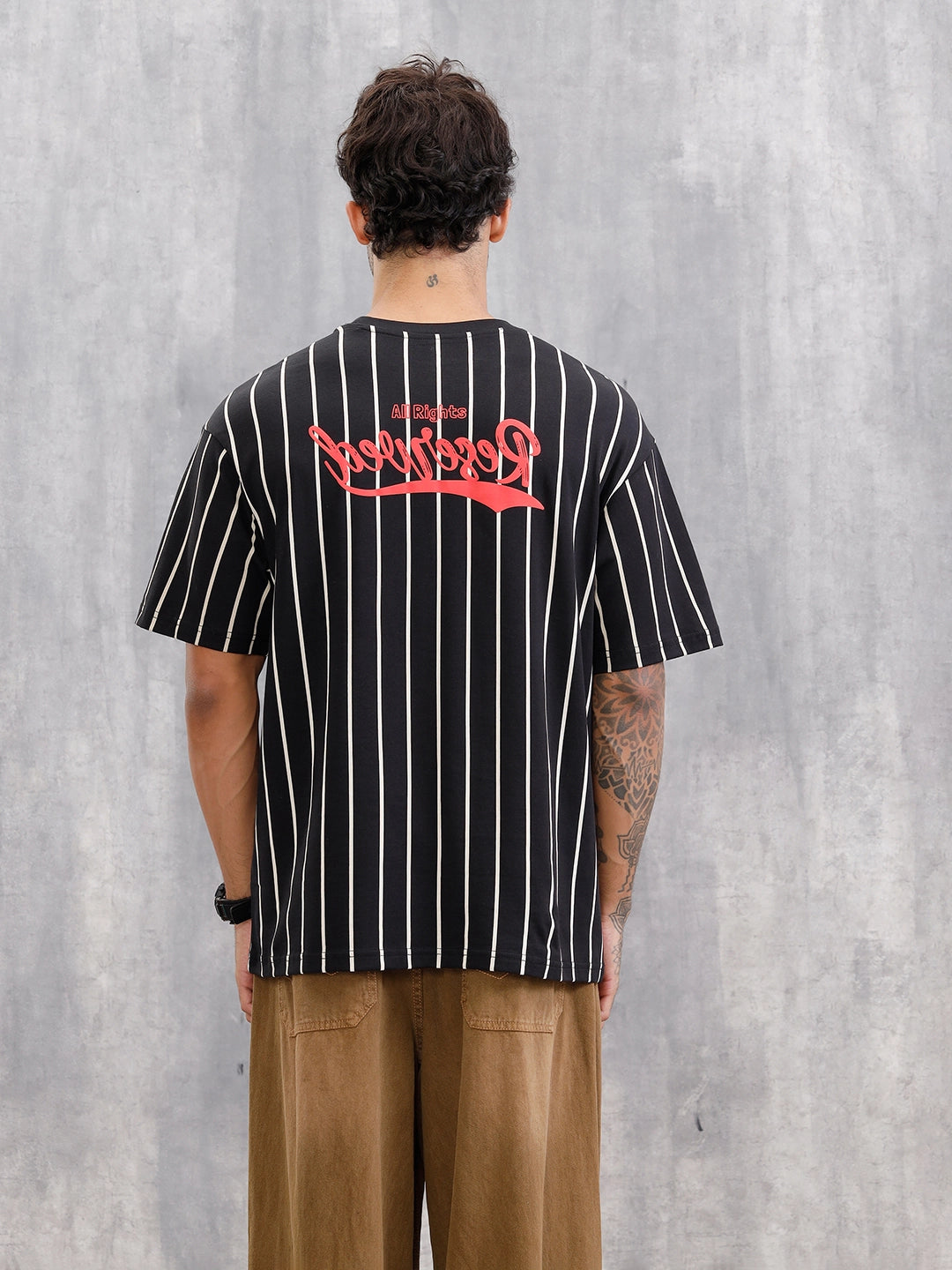 Striped Oversized Fit T-shirt With Puff Print | Black