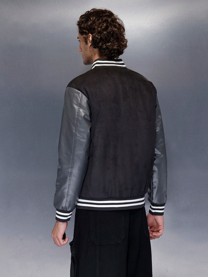Men’s black varsity jacket with leather sleeves | Black