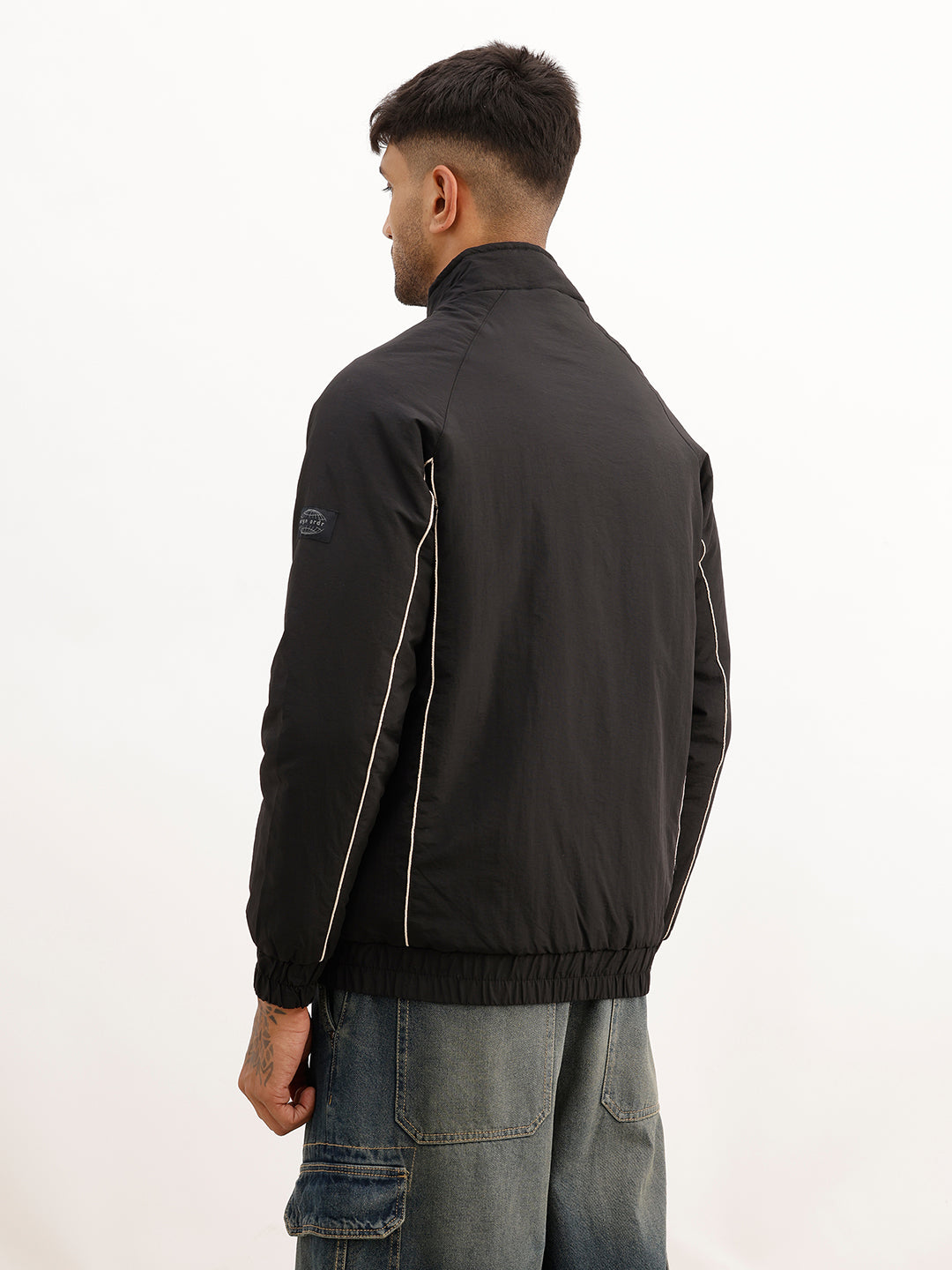Solid Regular Fit Zipper Puffer Jacket | Black