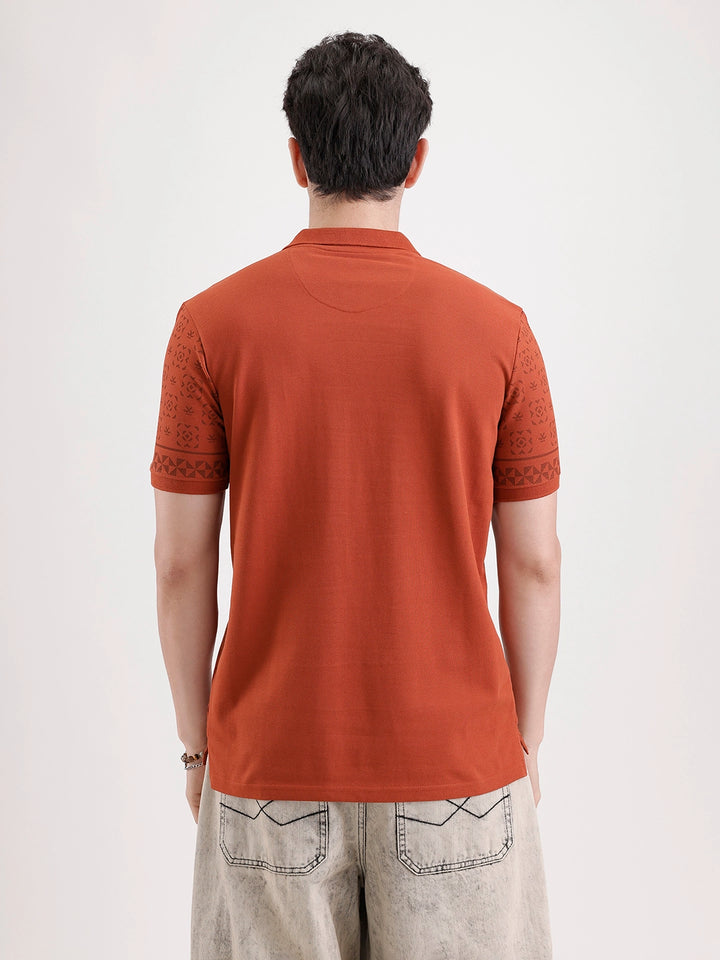 Slim Fit Pannel Printed Polo T-Shirt  | Rust