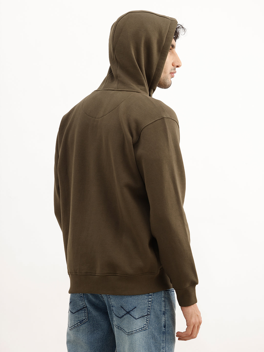 Classic Foil Printed Zipper Hooded Sweatshirt | Olive