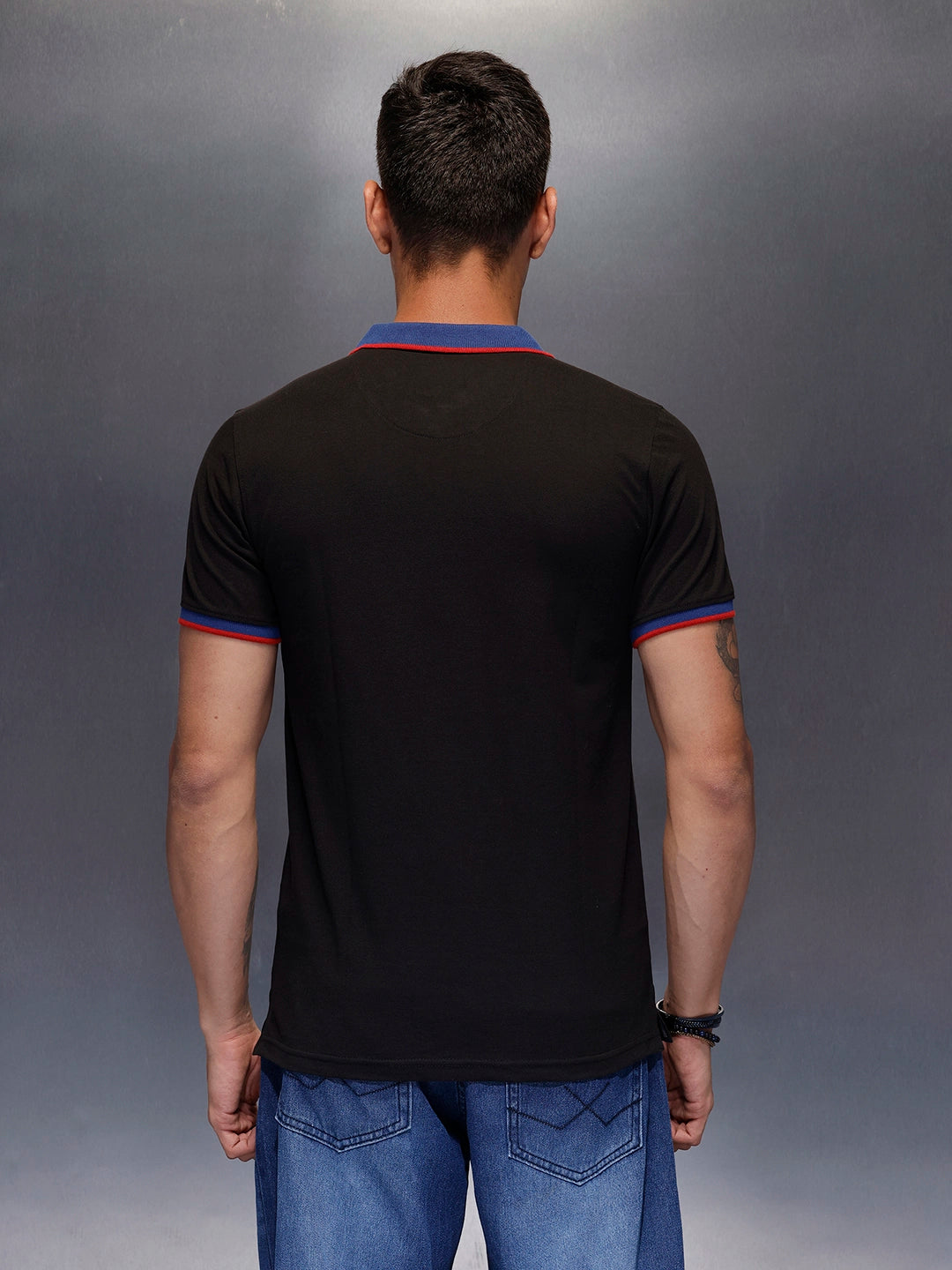 Men's casual polo t-shirt with contrast collar detail | Black
