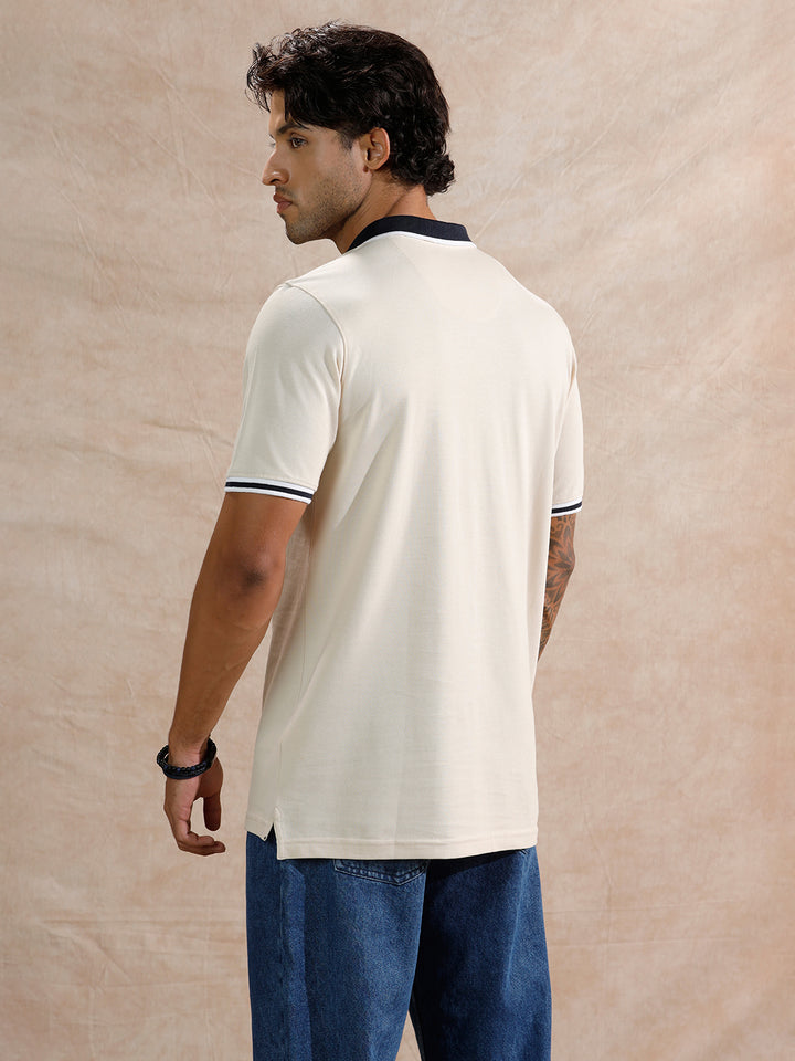 Stripped Collar Slim Fit Polo T-Shirt | Beige