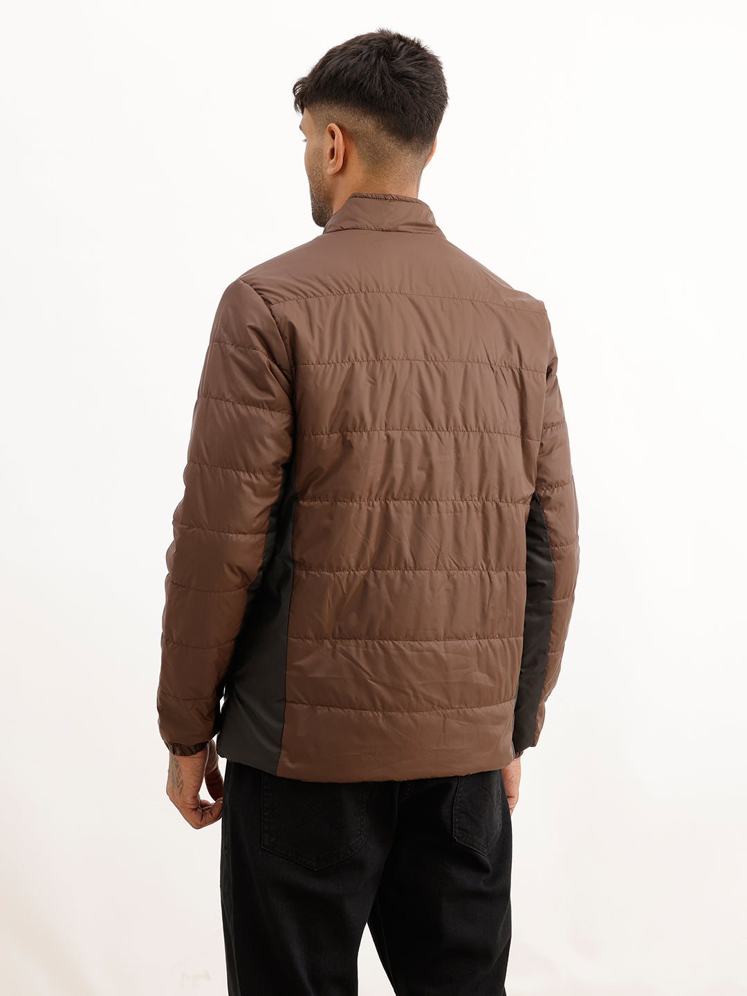 Solid Regular Fit Puffer Jacket | Brown
