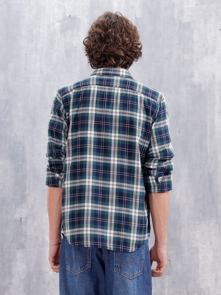 Slim Fit Cotton Indigo Twill Check Shirt | Green