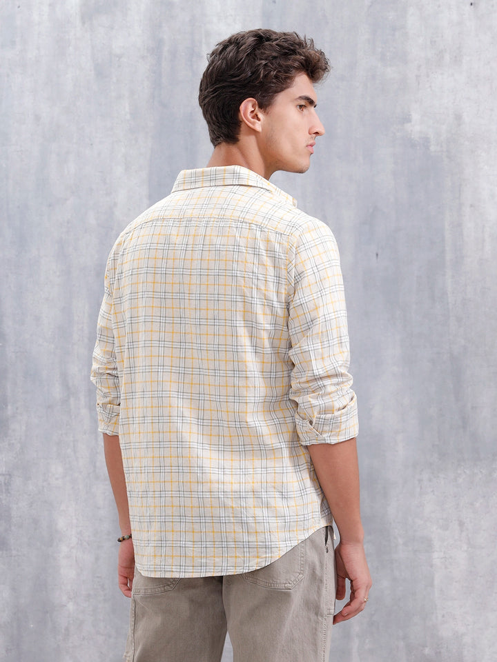 Men Checkered Pattern Slim Fit Shirt  | Beige