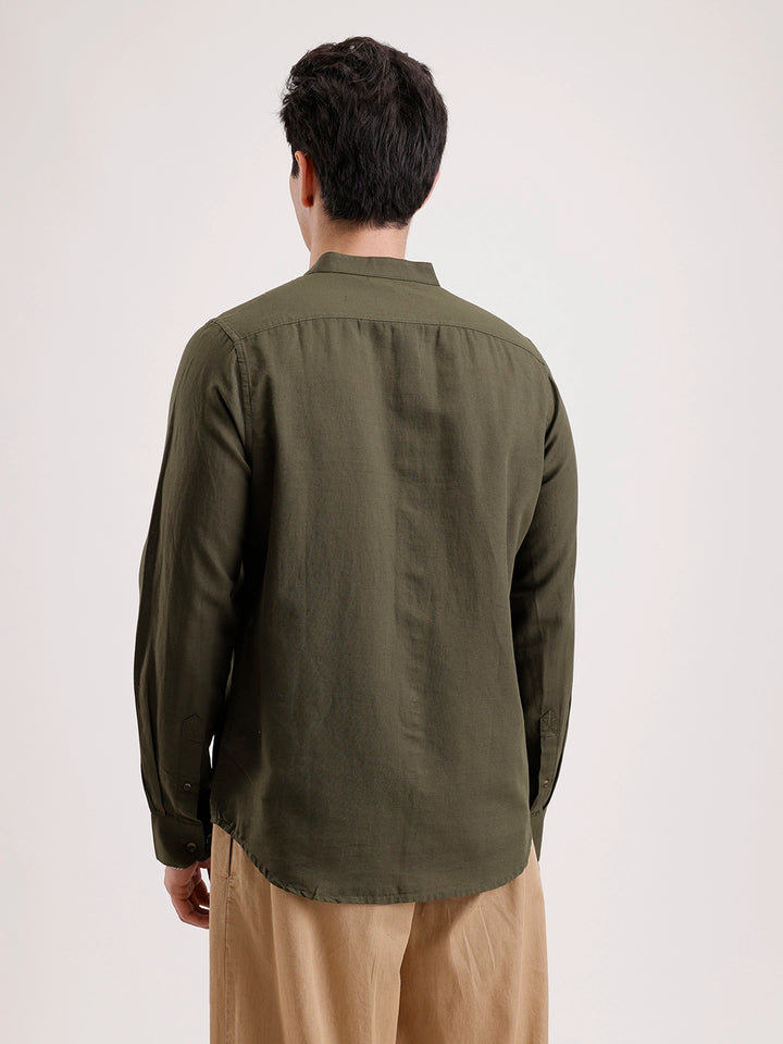 Slim Fit Mandrin Collar Linen Blend Shirt  | Olive