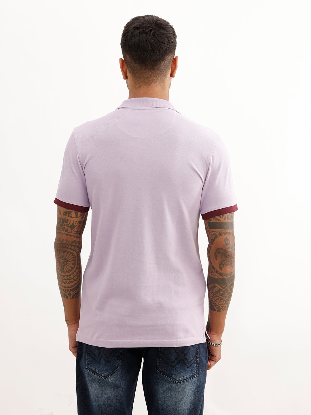 Solid Contrast Sleeve Polo T-Shirt | Purple