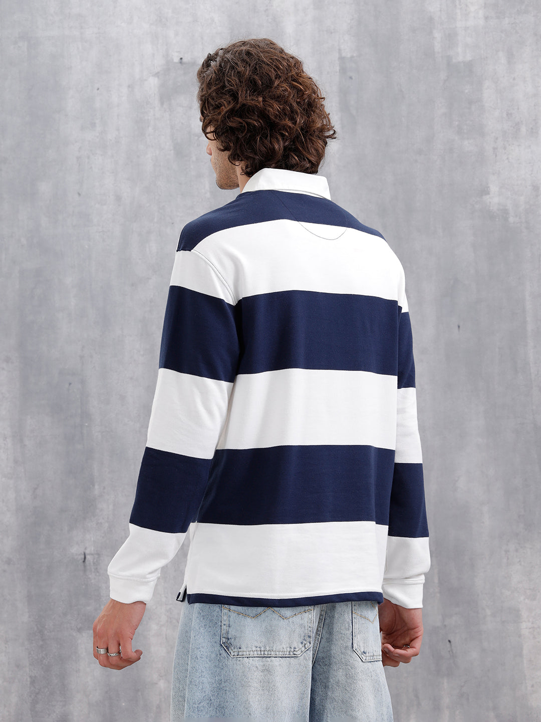 Yarn Dyed Striped Rugby Polo With Twill Collar | Navy Blue