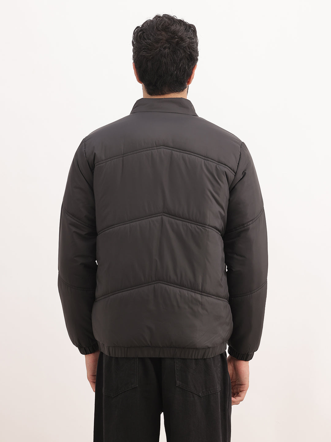 Solid Regular Fit Zipper Puffer Jacket | Black