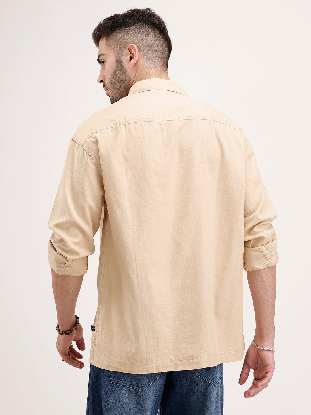 Solid Oversized Double Pocket Shirt | Beige