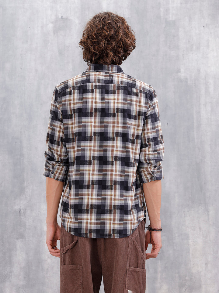 Patchwork Multi-Weave Check Slim Fit Shirt | Black