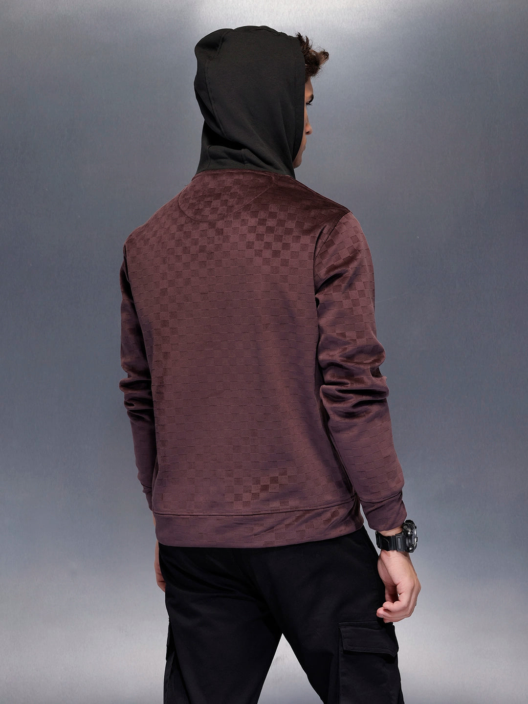 Velvet-finish Check-texture hoodie | Wine