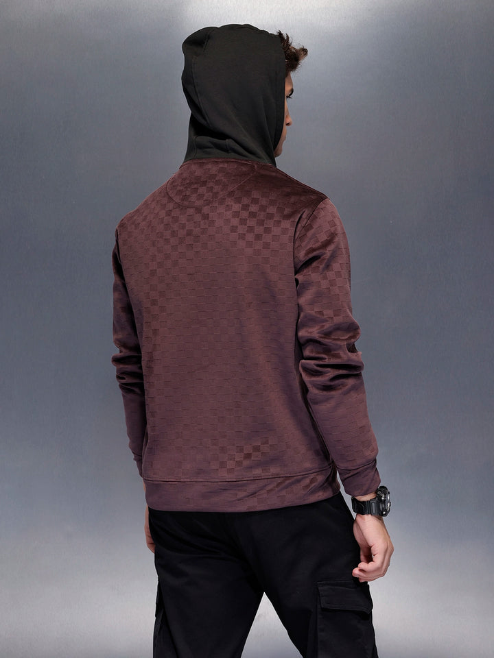 Velvet-finish Check-texture hoodie | Wine