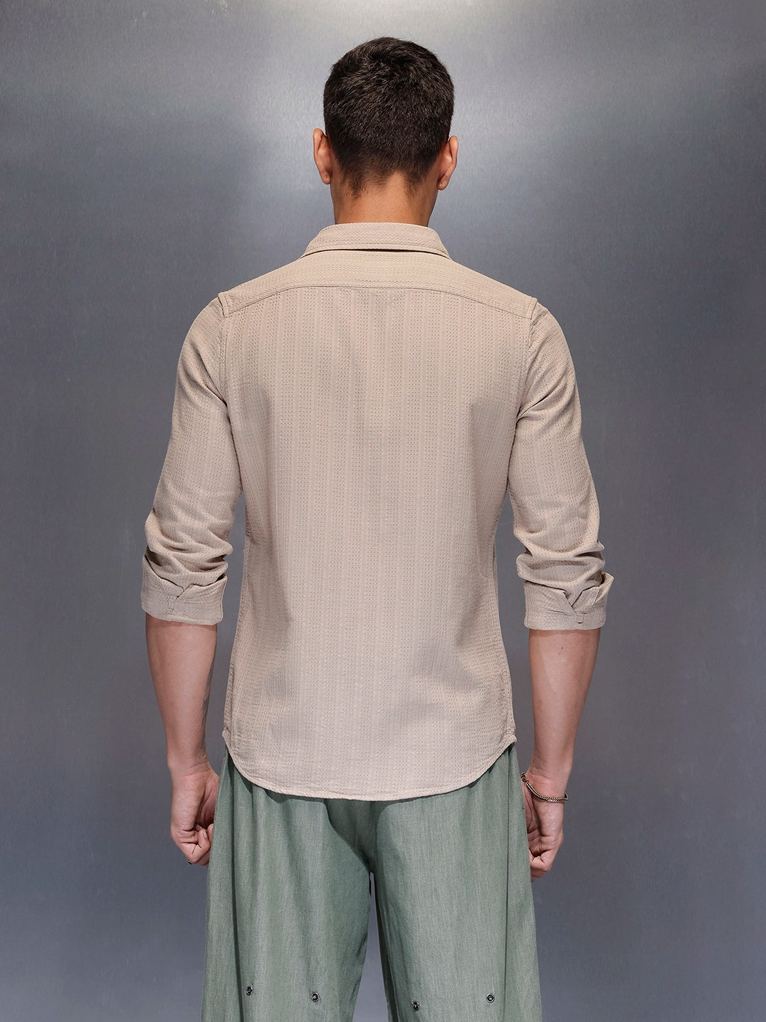 Men's textured full sleeve shirt with subtle pattern | Beige