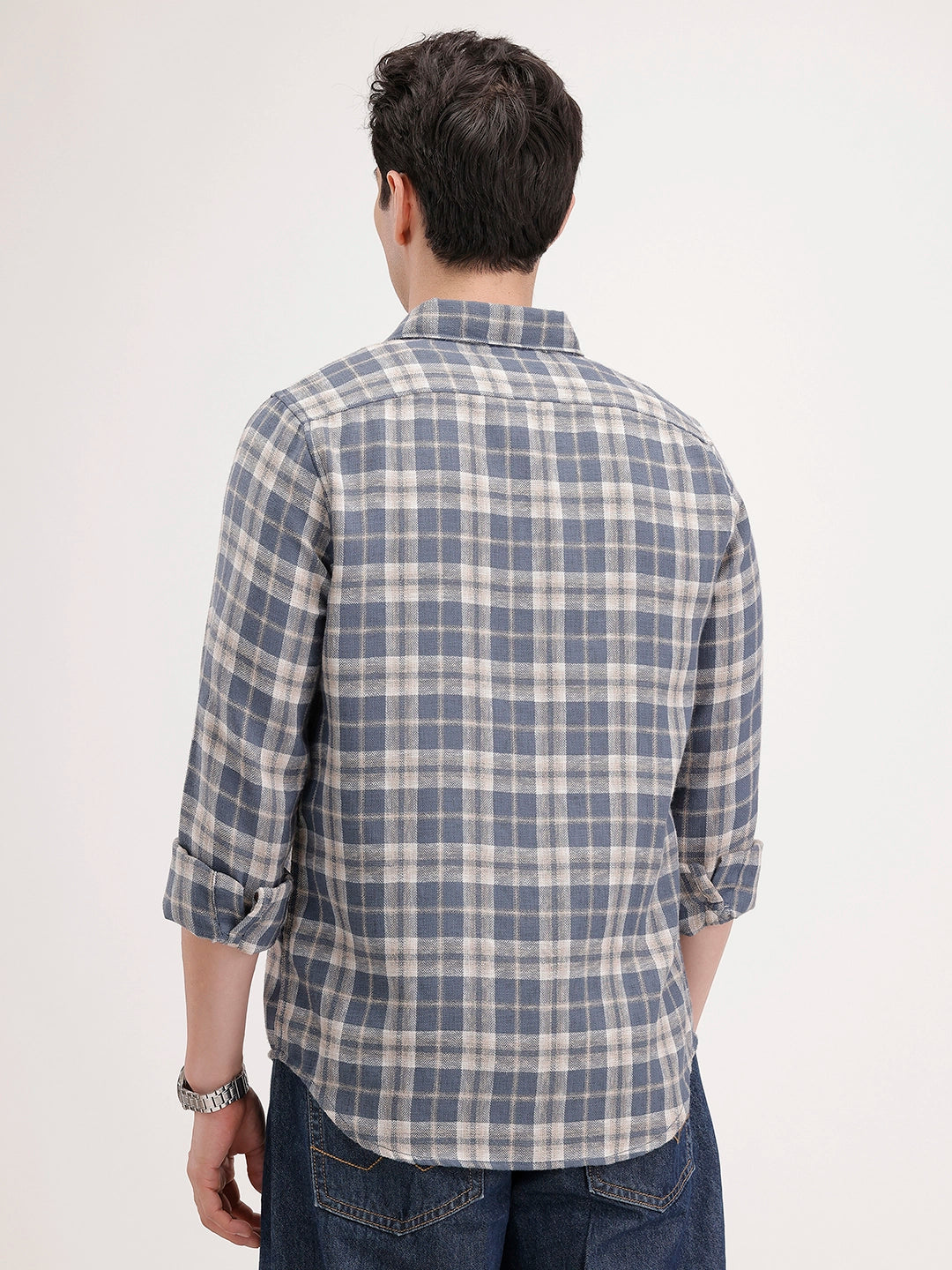 Slim Fit Linen Blend Herringbone Checkered Shirt | Navy