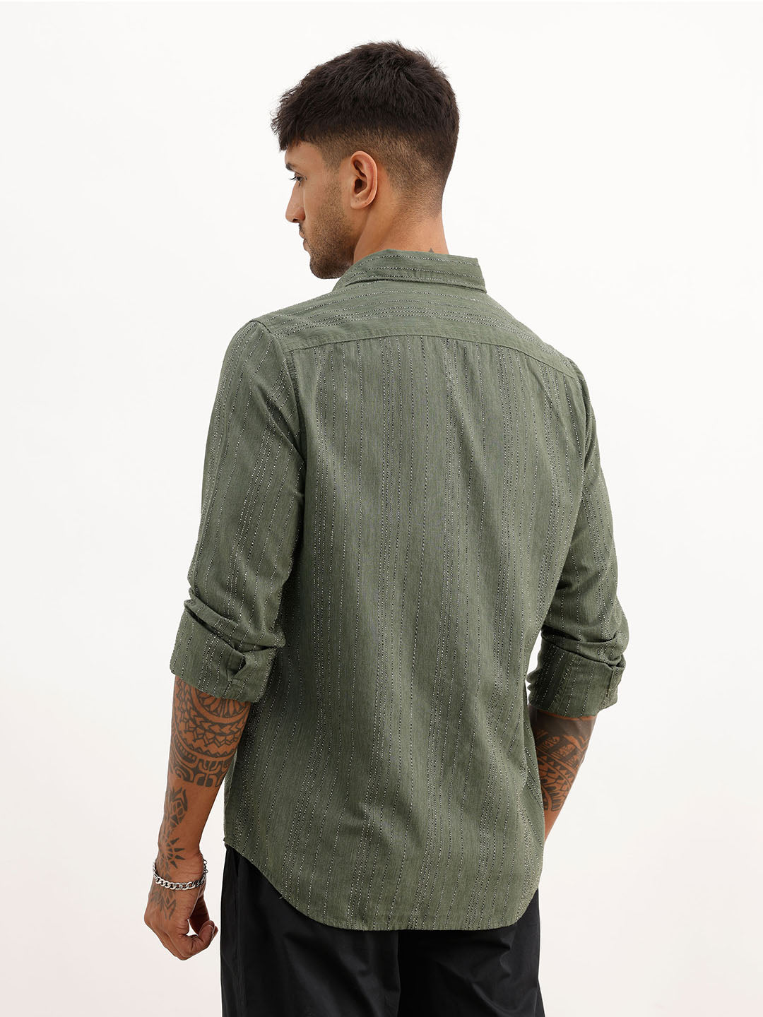 Slim Fit Textured Striped Full Sleeve Shirt | Dark Green