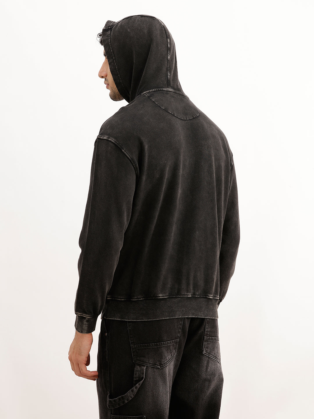 Washed Oversized Placement Printed Hooded Sweatshirt | Black
