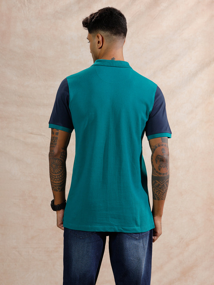 Colour Blocked Polo T-Shirt | Teal & Navy