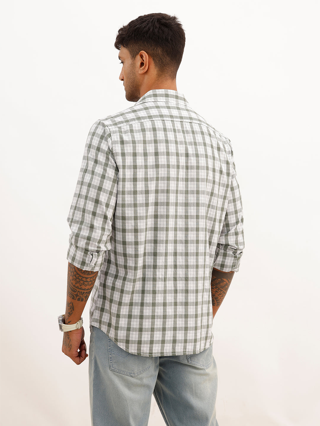 Slim Fit Textured Checked Shirt | Green