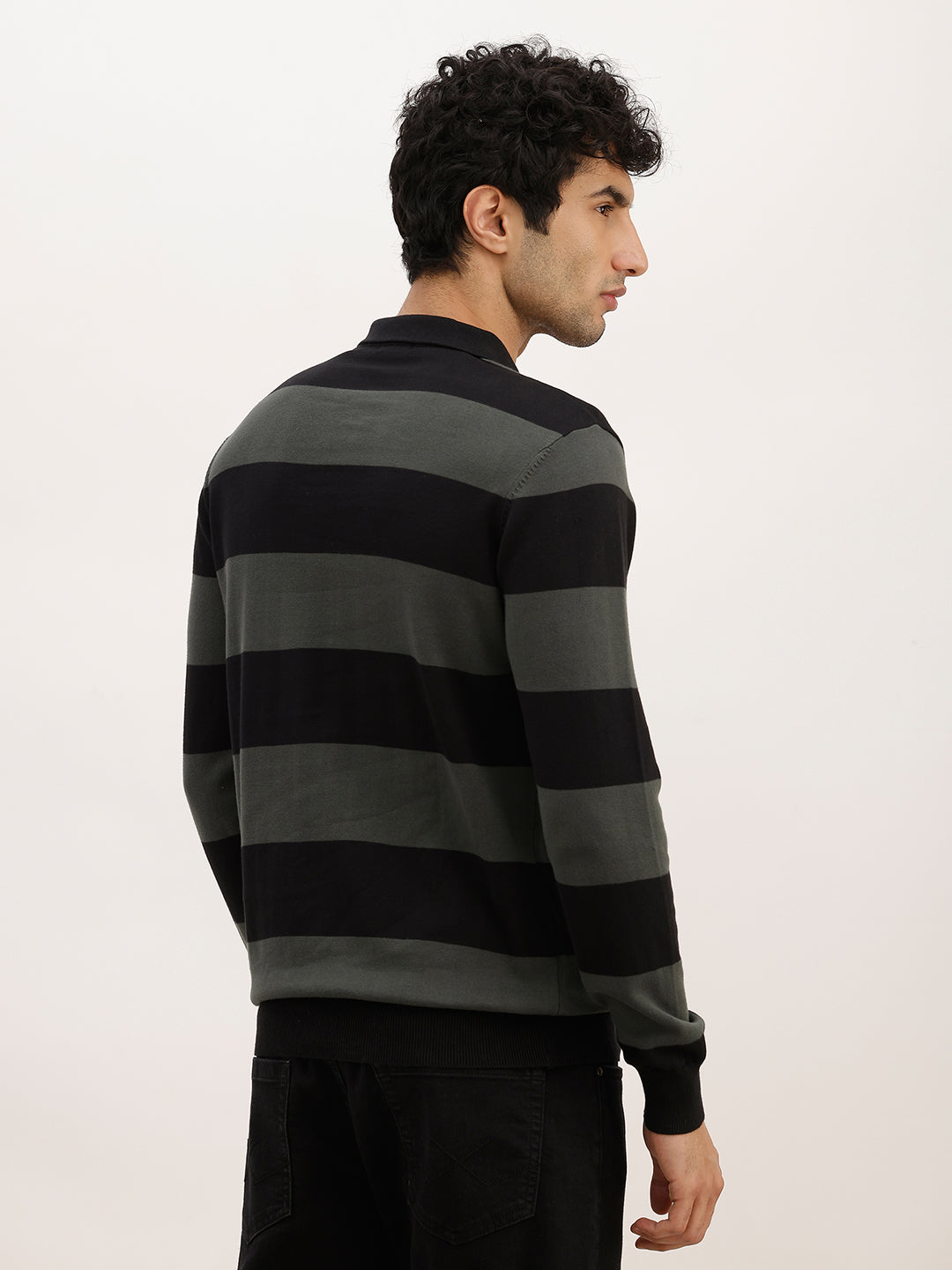 Slim Fit Striped Full Sleeve Polo T-Shirt | Black