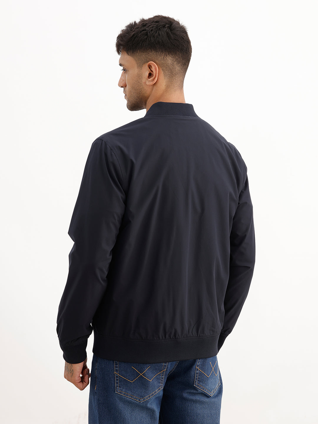 Solid Regular Fit Zipper Jacket | Navy Blue