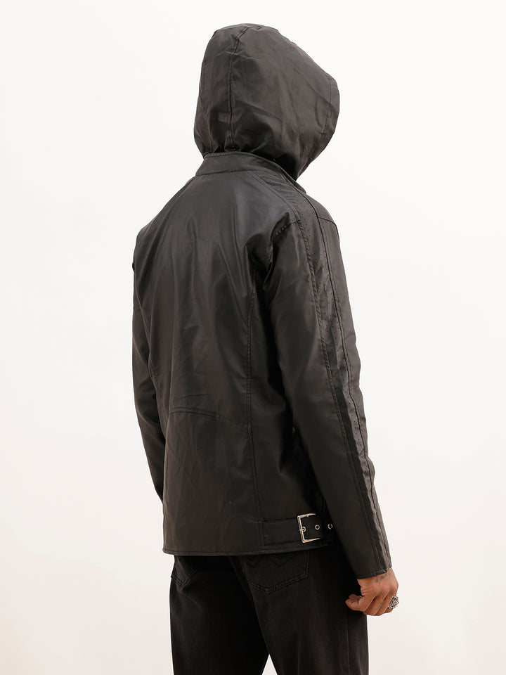 Solid Zipper Hooded Jacket | Black