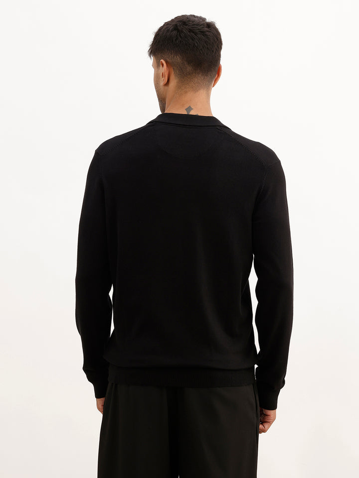 Solid Slim Fit Full Sleeve Polo T-Shirt | Black