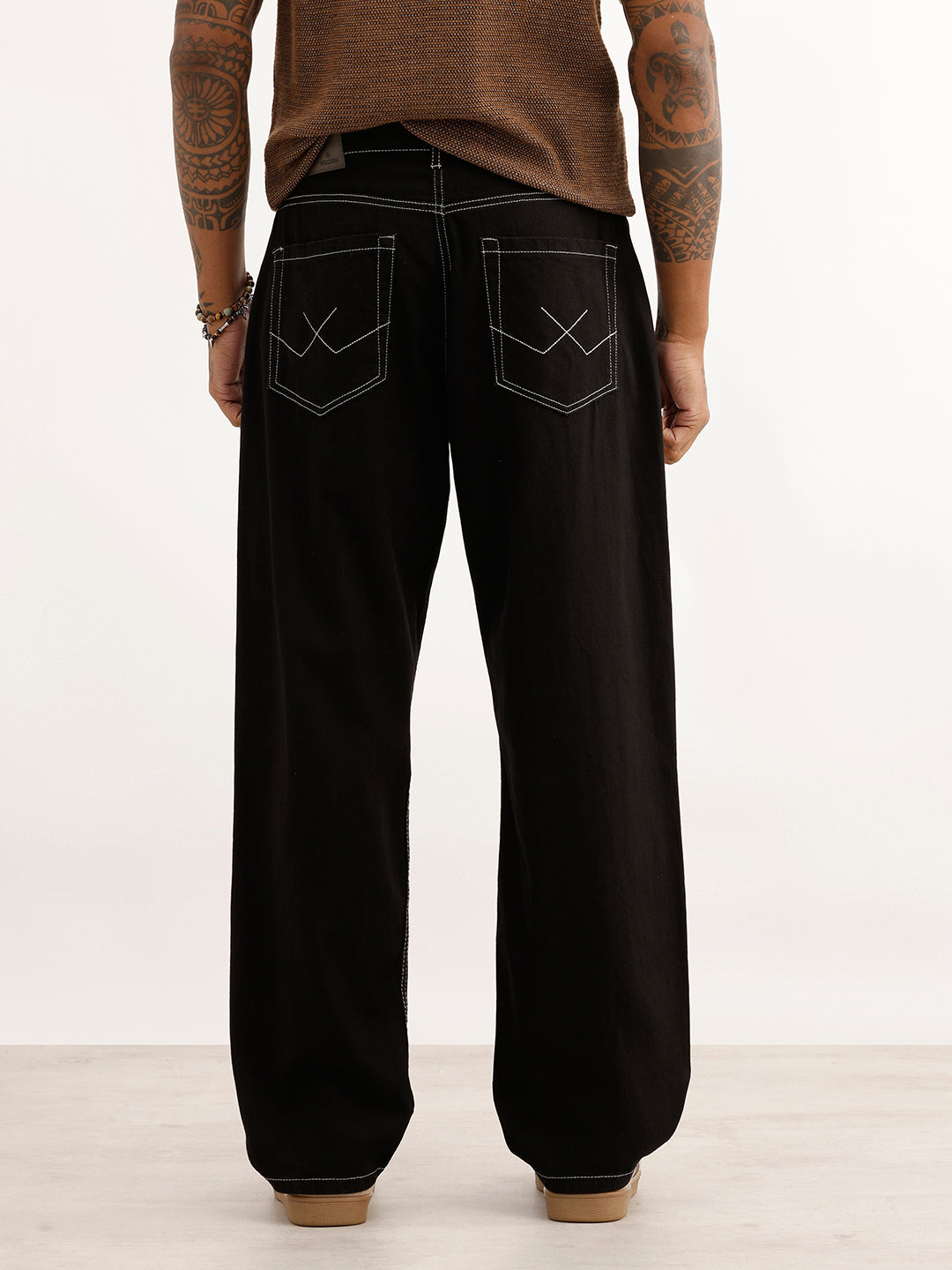 Loose Fit Contrast Stitch Denim Jeans | Black