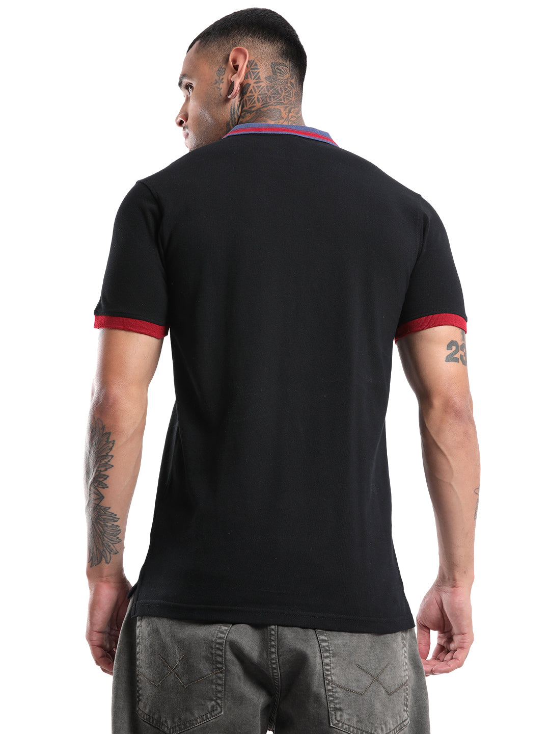 Solid Black Contrast Collar Polo T-Shirt