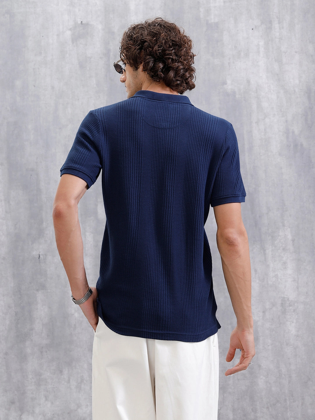 Waffle Textured Polo T-Shirt -  | Navy Blue