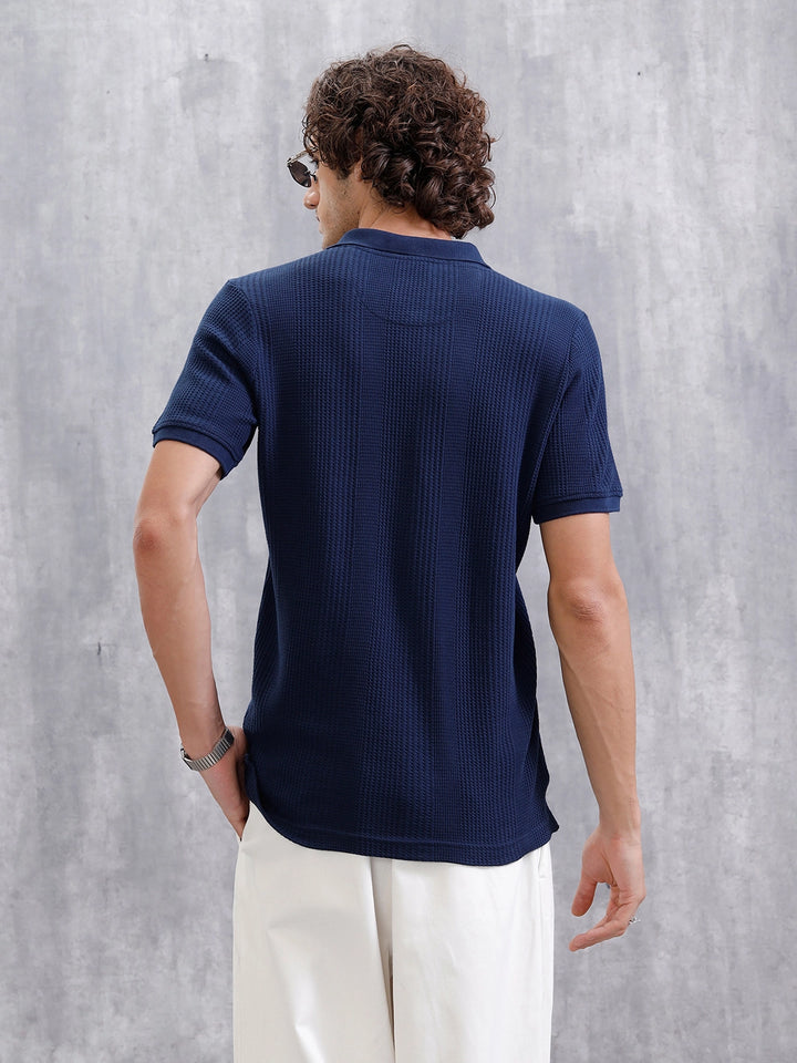 Waffle Textured Polo T-Shirt -  | Navy Blue