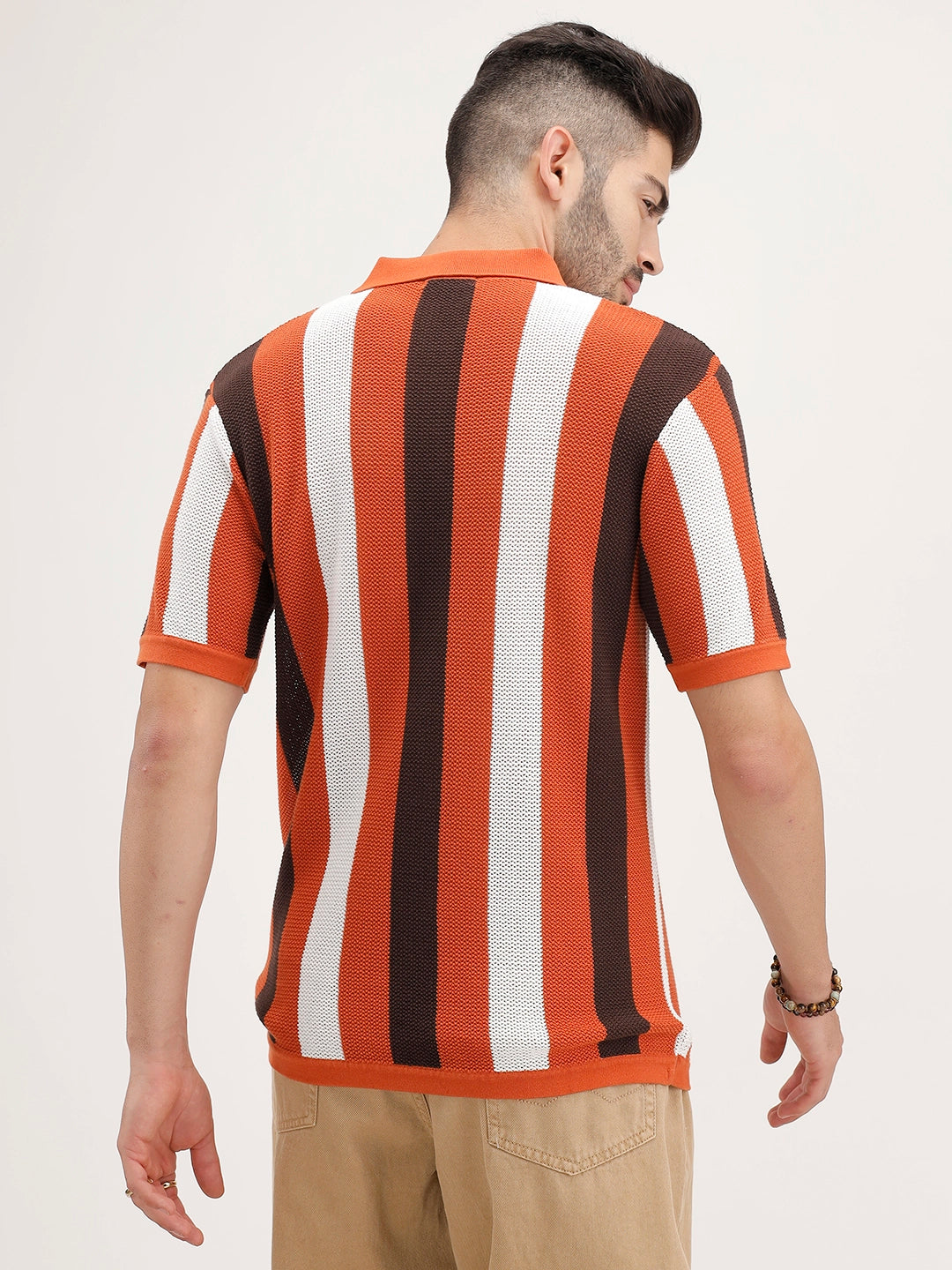 Slim Fit Striped Flat Knit Polo T-Shirt | Rust