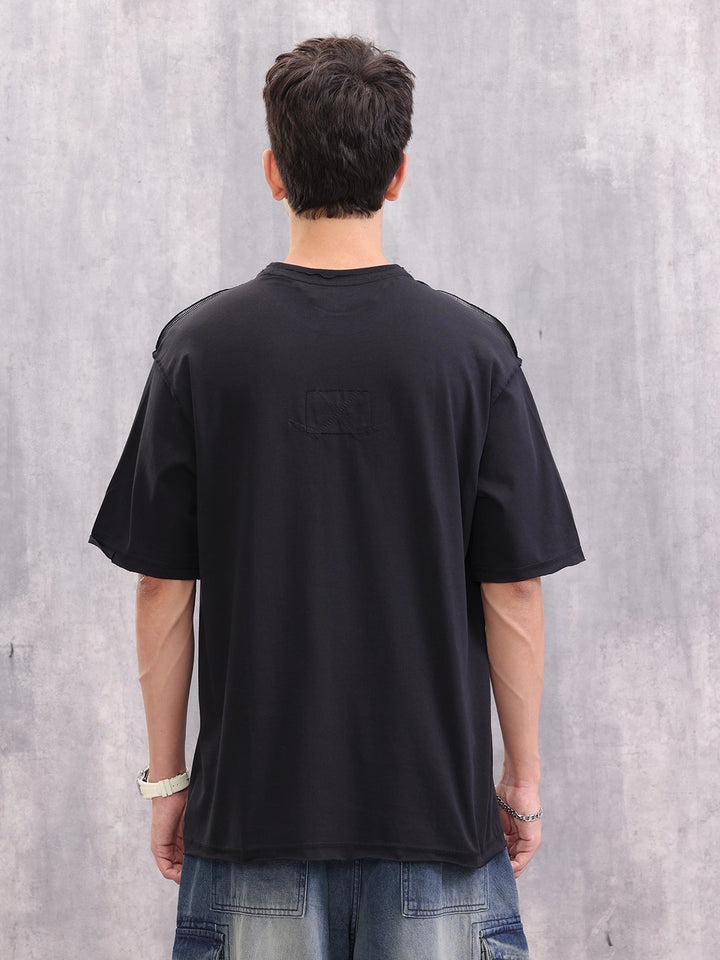 Casual Oversized Fit T-shirt With Raw Edge And Flatlock Detail | Black
