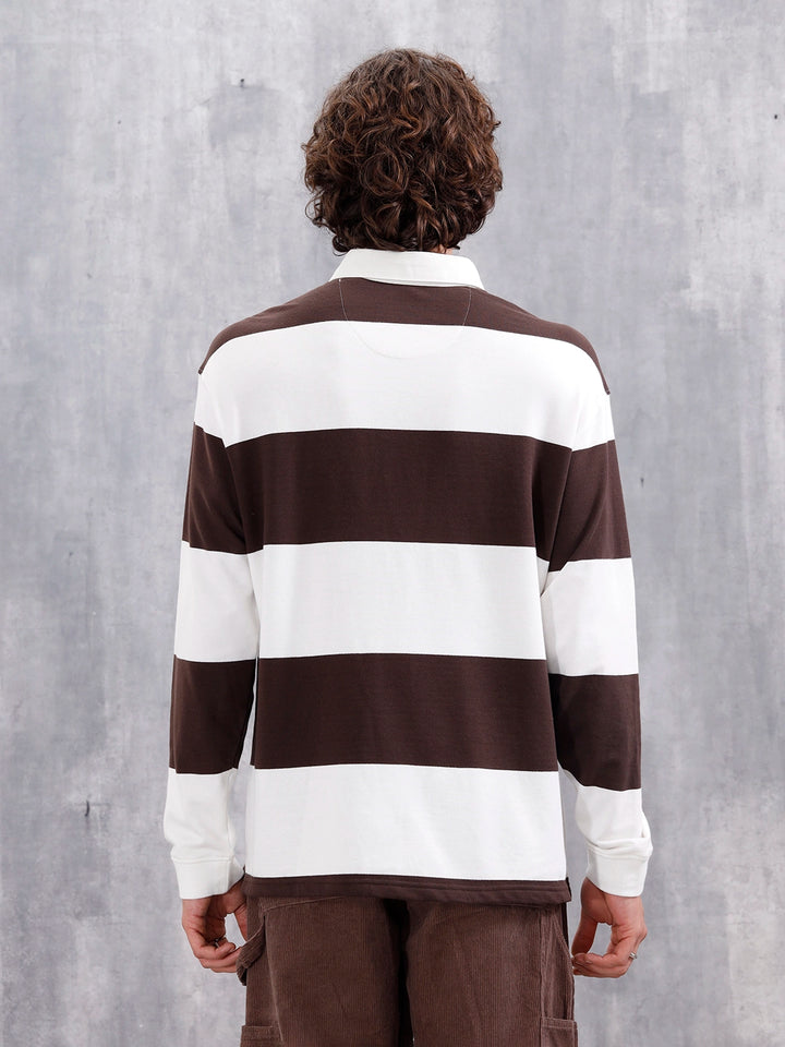 Yarn Dyed Striped Rugby Polo With Twill Collar | Brown