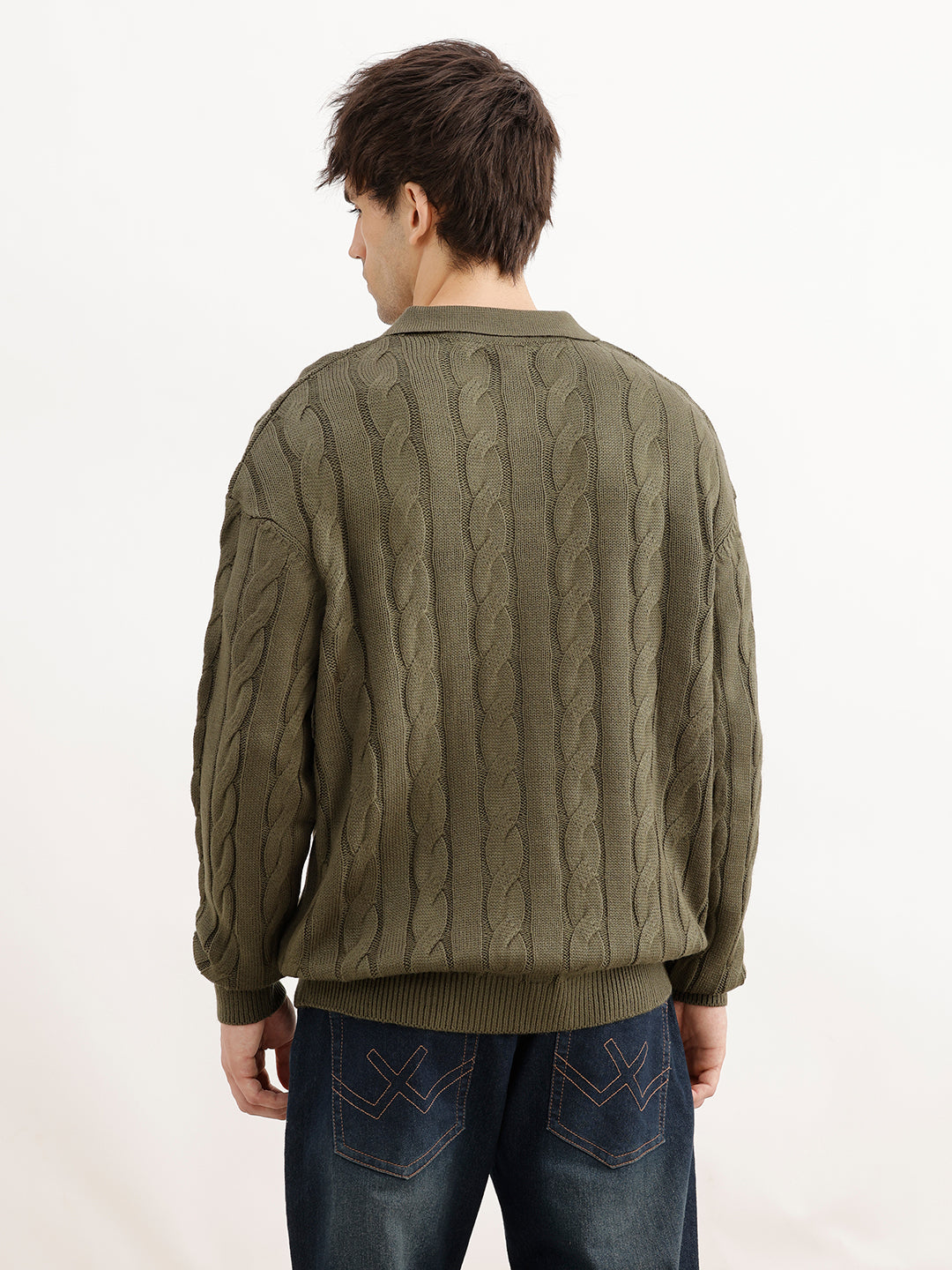 Solid Oversized Fit Cable Knitted Sweater | Olive | WSW02FSOS1083W