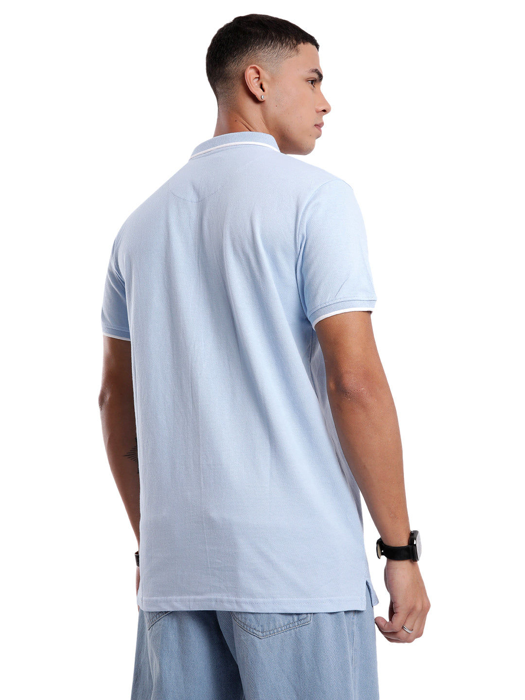 Solid Blue Logo Embroidered Polo T-Shirt