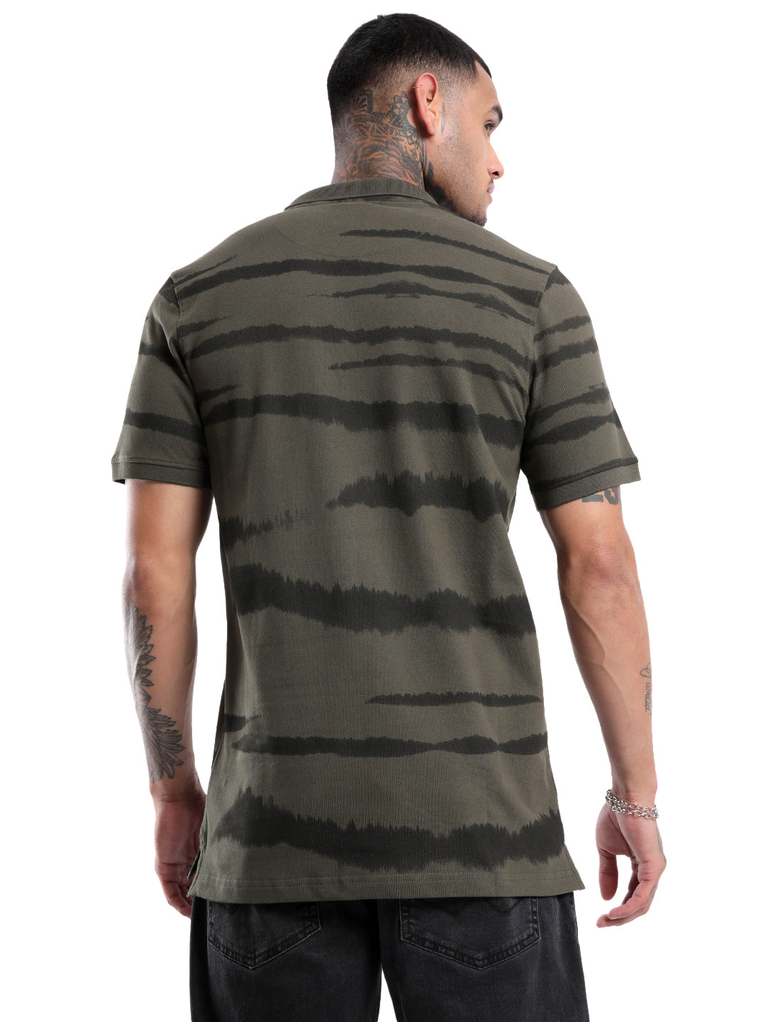 Classic Olive Abstract Printed Polo T-Shirt