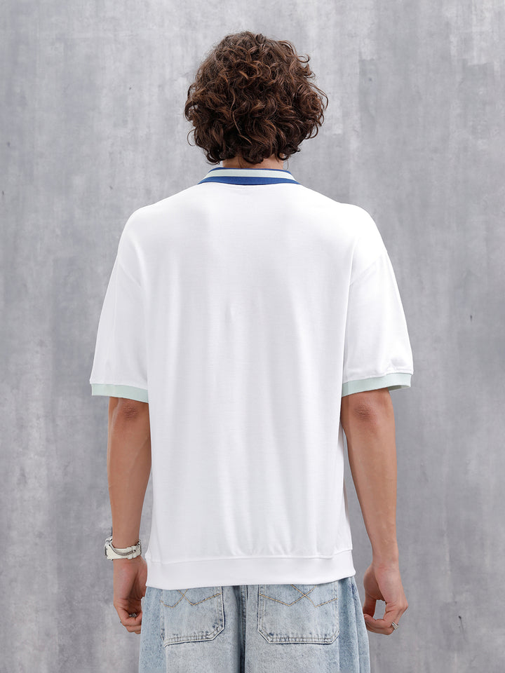Oversized Johnny Collar Polo T-Shirt With Contrast Collar | White