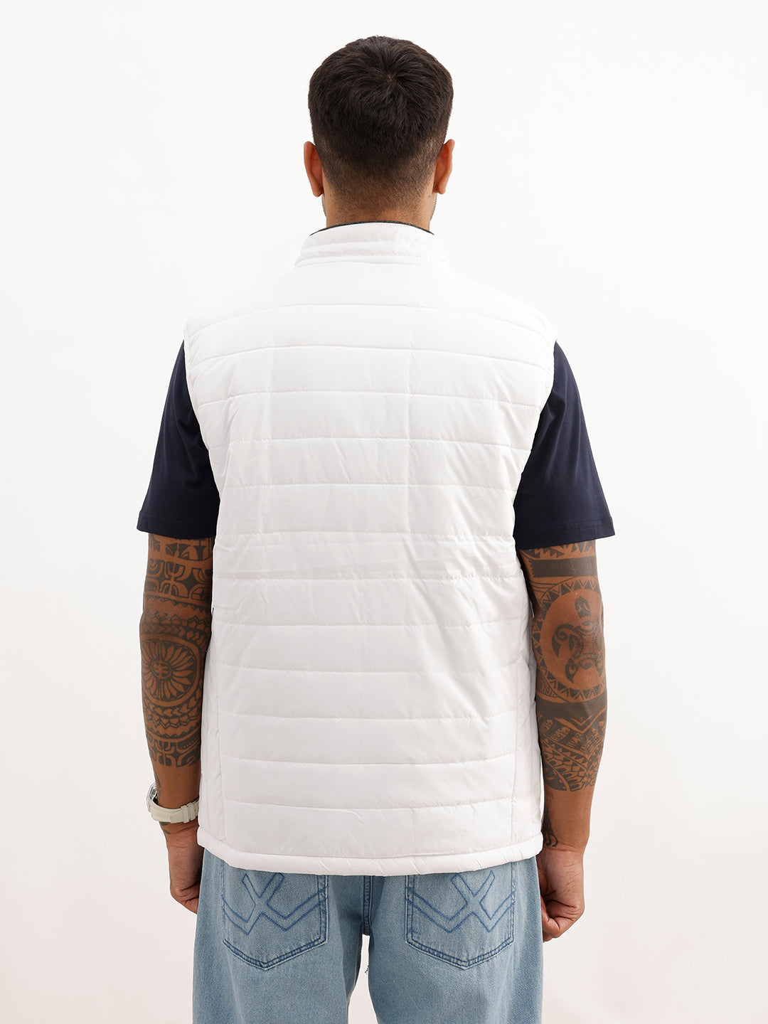 Solid Cut Off Sleeve Puffer Jacket | White
