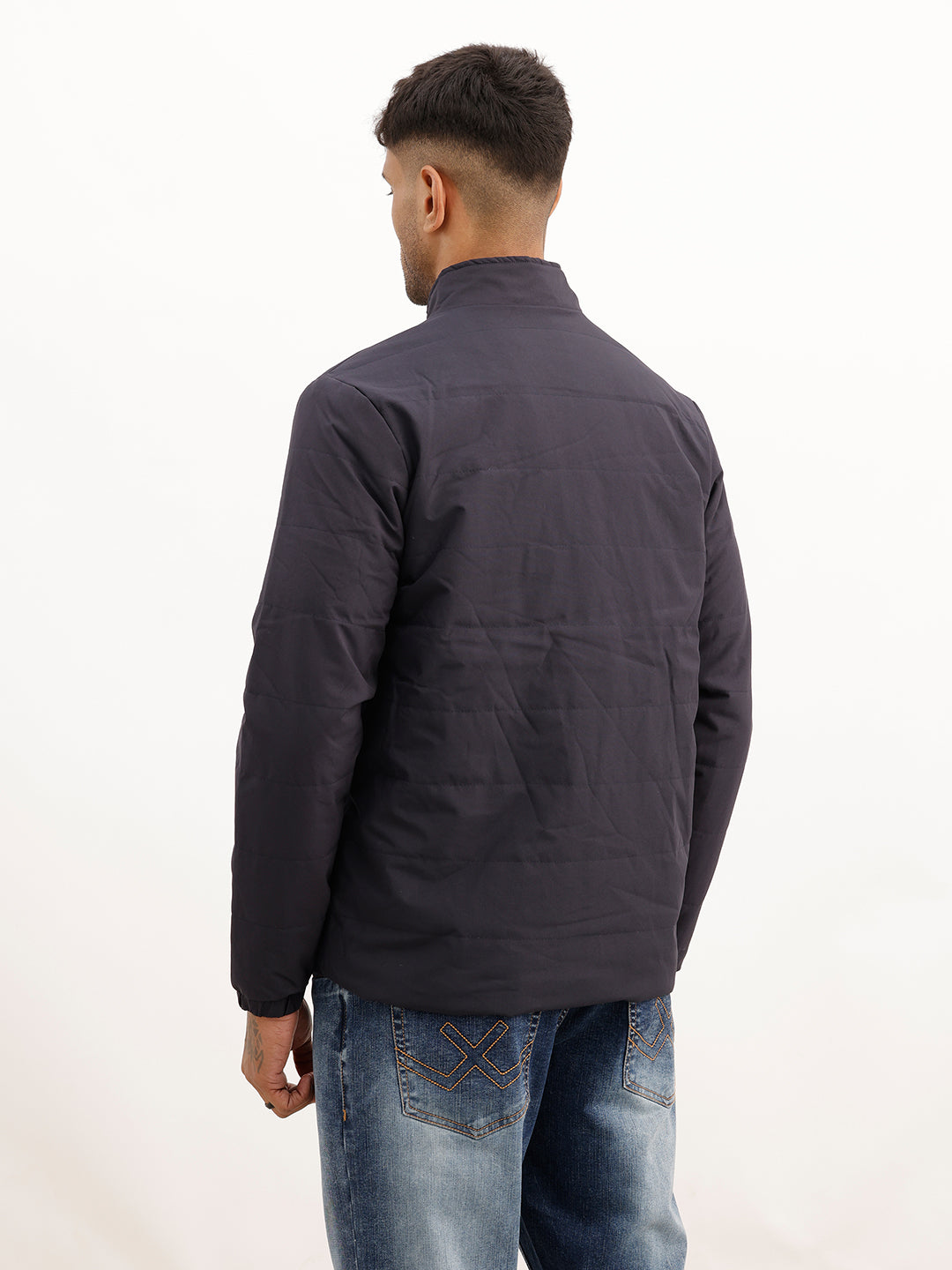Solid Regular Fit Puffer Jacket | Navy Blue