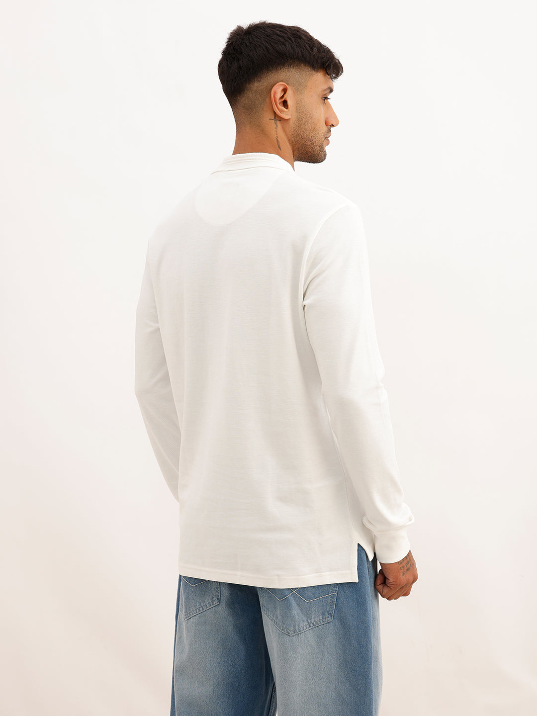 Solid Slim Fit Full Sleeve Polo T-Shirt | Off White