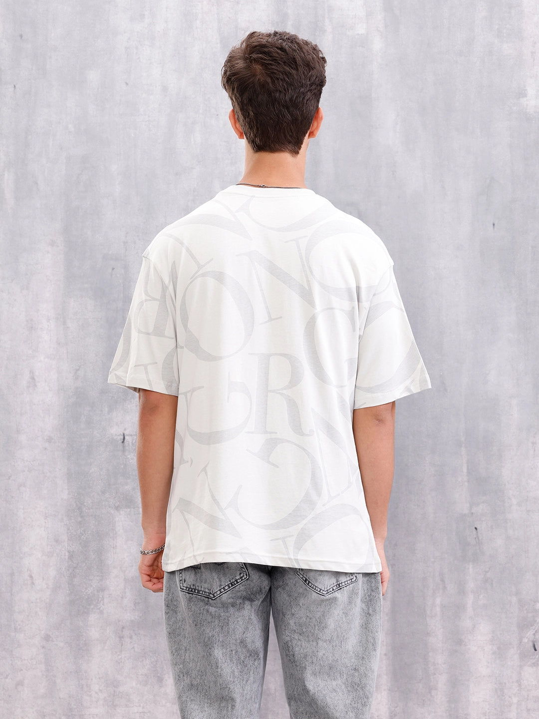 Typo Inspired Tonal Aop Oversized Fit T-shirt | White