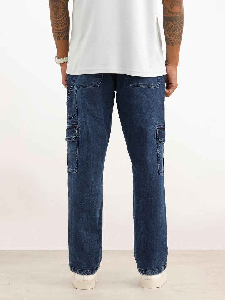 Solid Cargo Fit Denim Jeans | Blue